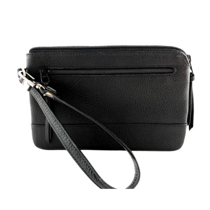 Derek Alexander clutch wristlet wallet in black premium leather with zippered pocket and detachable strap, ideal for organized storage.