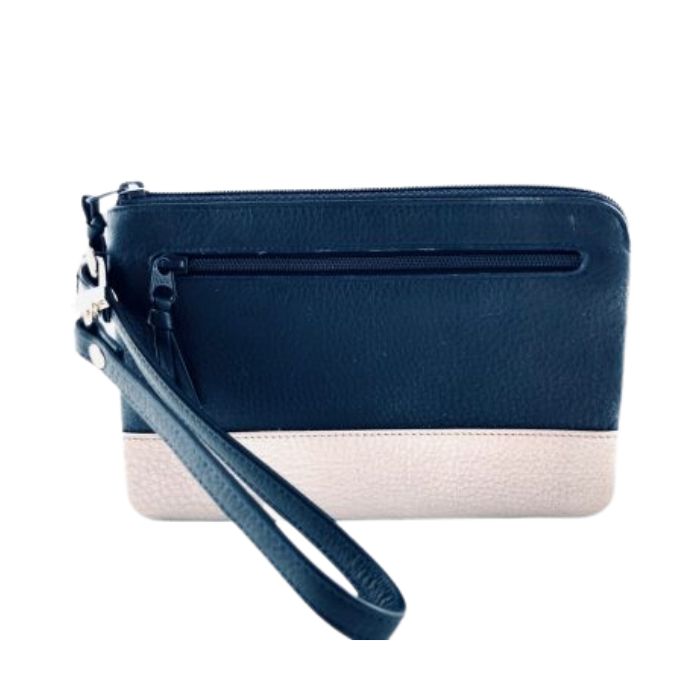 Two-tone Derek Alexander clutch wristlet wallet in black and beige leather with zip pocket and wrist strap, perfect for stylish organization.