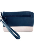 Two-tone Derek Alexander clutch wristlet wallet in black and beige leather with zip pocket and wrist strap, perfect for stylish organization.