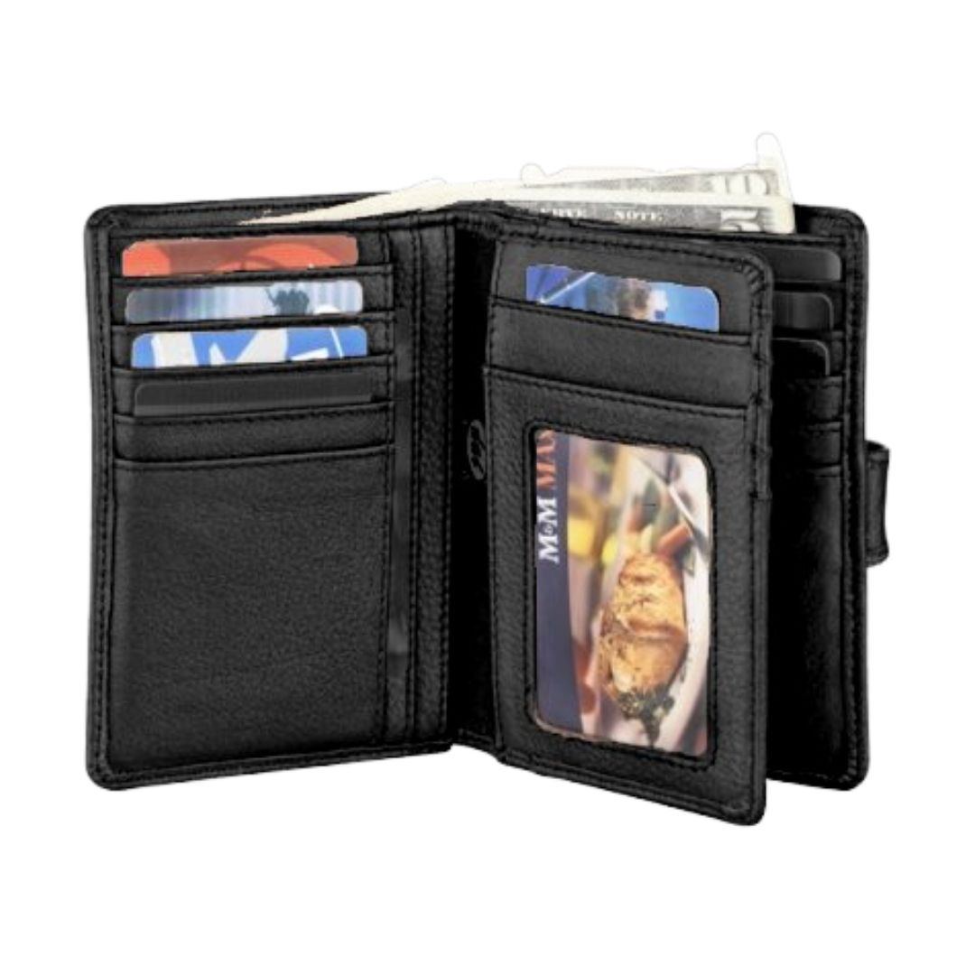 Interior of the black leather wallet, which features a divider for additional card slots.