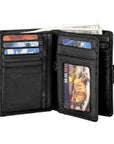 Interior of the black leather wallet, which features a divider for additional card slots.
