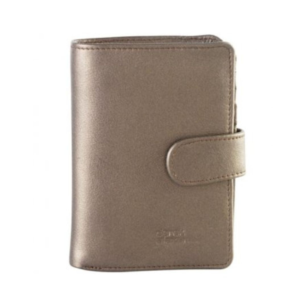 Metallic leather wallet with strap closure. Derek Alexander logo is embossed on the bottom right corner.