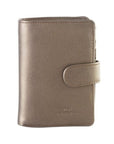 Metallic leather wallet with strap closure. Derek Alexander logo is embossed on the bottom right corner.