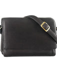 3/4 flap organizer bag in black. A black leather bag with a flap closure and an adjustable strap.