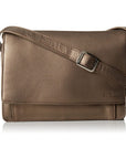 3/4 flap organizer bag in bronze. A bronze metallic leather bag with a flap closure and an adjustable shoulder strap.