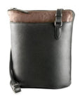 Two-tone Derek Alexander crossbody bag in black and brown leather, featuring a front slip pocket and travel-friendly design.
