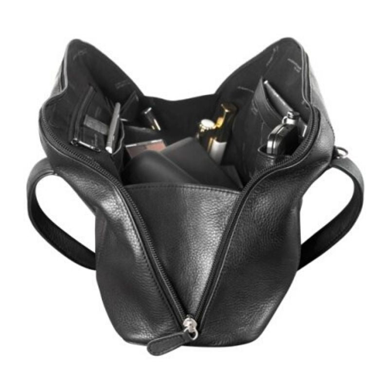 Interior of black full zip handbag, showing the black lining and trim. Bag contains cellphone, a wallet, cosmetics, a pen, a passport, and other items.