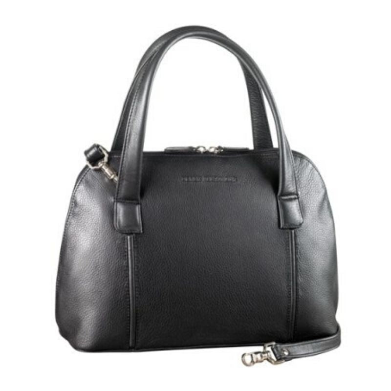 Black leather handbag with two handles, a zippered opening, and a detachable shoulder strap.