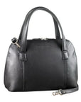 Black leather handbag with two handles, a zippered opening, and a detachable shoulder strap.