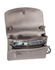 Interior view of Derek Alexander Half Flap Leather Crossbody Organizer Bag showing 8 card slots, 3 compartments, and zippered pocket.