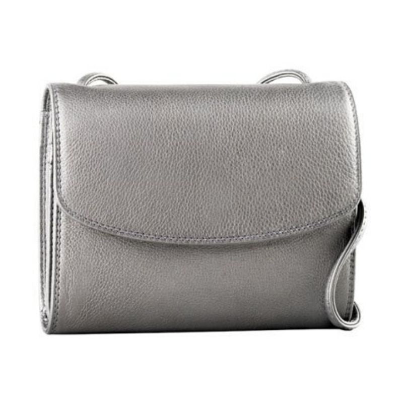 Derek Alexander Half Flap Leather Crossbody Organizer Bag in metallic grey with smooth cowhide leather and compact design for everyday use.