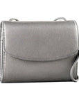 Derek Alexander Half Flap Leather Crossbody Organizer Bag in metallic grey with smooth cowhide leather and compact design for everyday use.