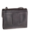 Rear view of black Derek Alexander Half Flap Leather Crossbody Organizer Bag with belt loop pocket for versatile carrying options.