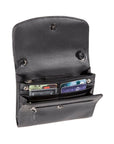 Open black Derek Alexander Half Flap Leather Crossbody Organizer Bag showing organized interior with card slots and zippered pocket.