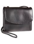 Derek Alexander Half Flap Leather Crossbody Organizer Bag in classic black cowhide leather with adjustable strap and sleek finish.