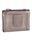 Back view of Derek Alexander Half Flap Leather Crossbody Organizer Bag in grey featuring a belt loop pocket for added functionality.