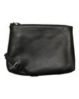 3 top zip cross body bag in black. A rectangular black crinkled leather purse with 3 zippered compartments and an adjustable strap fitted with silver hardware.