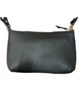 Rear exterior of the black leather crossbody bag.