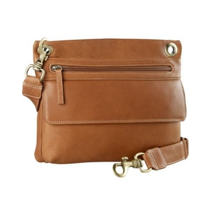 Tan leather purse with a detachable shoulder strap, front zippered pocket, and a front flap pocket. Hardware is brass.