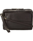 Black leather bag with front pocket, top zipper and shoulder strap and wrist strap