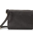 3/4 flap organizer bag in black. A black leather bag with a flap closure and an adjustable strap.
