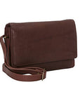 3/4 flap organizer bag in brown. A dark brown leather bag with a flap closure and an adjustable strap.