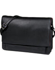 3/4 flap organizer crossbody bag in black-red. A black leather exterior with an adjustable shoulder strap and flap closure.