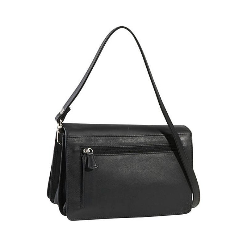 Rear exterior of black leather purse, displaying zippered pocket.