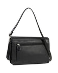 Rear exterior of black leather purse, displaying zippered pocket.