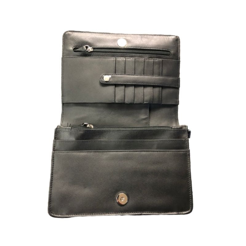 Interior of black leather purse, showing secured card slots, two zippered pockets, pen holder, and two slip pockets.