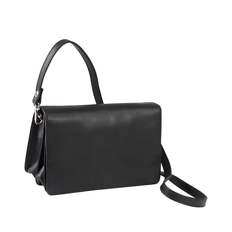 A black leather purse with a detachable shoulder strap.