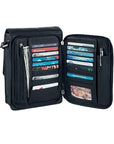 Rear zippered compartment of the black leather messenger bag, revealing multiple card slots, slip pockets for cash, a pen holder, and an additional zippered pocket.