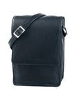 Black leather messenger bag with 3/4 flap closure and an adjustable shoulder strap, fitted with silver hardware.