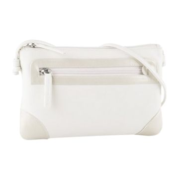 White leather crossbody bag with gold leather accents, top and side zipper.