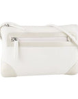White leather crossbody bag with gold leather accents, top and side zipper.
