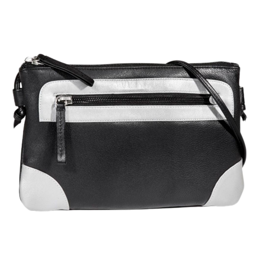 Black leather crossbody bag with silver leather accents, top and side zipper.