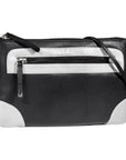 Black leather crossbody bag with silver leather accents, top and side zipper.