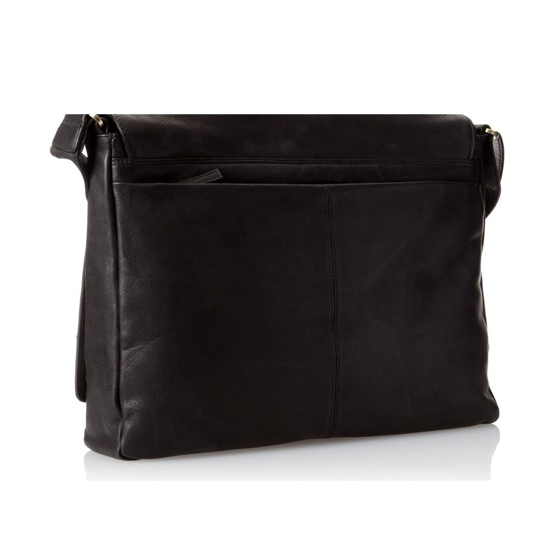 View of the black leather messenger bag from behind, displaying the zippered compartment.