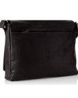 View of the black leather messenger bag from behind, displaying the zippered compartment.