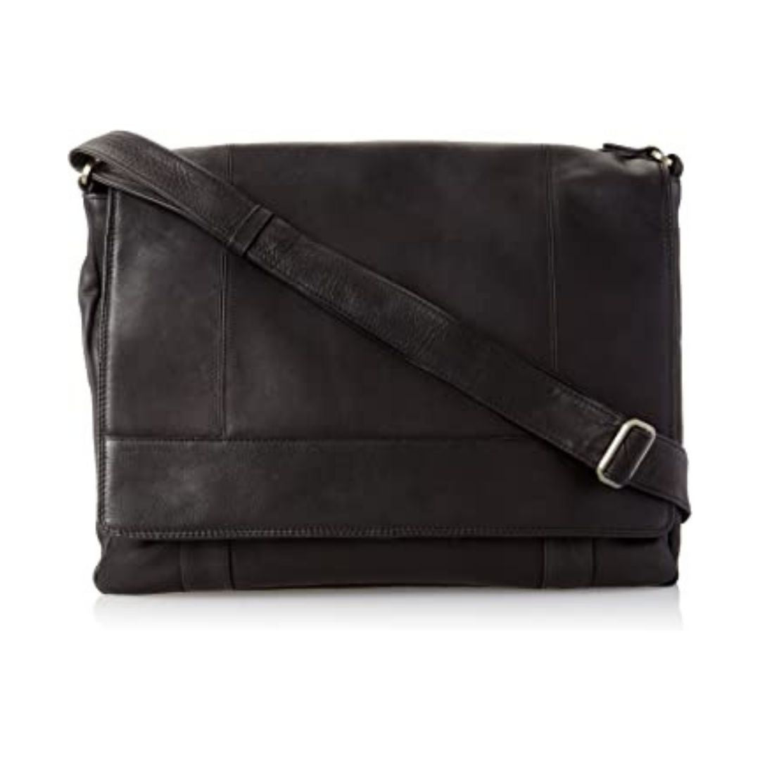 Black leather messenger bag with flap closure and an adjustable strap, fitted with silver hardware.