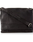 Black leather messenger bag with flap closure and an adjustable strap, fitted with silver hardware.