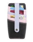 Card holder in Black Pastel. Black leather card holder with light pink and blue accents and white stitching. Features 6 card slots secured by a strap.