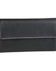 Long black leather wallet with contrast stitching.