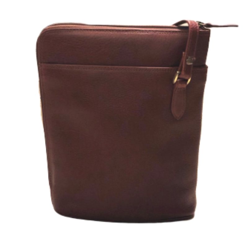 Derek Alexander two sided crossbody bag in deep brown leather with front pocket and adjustable strap, ideal for travel and daily use.