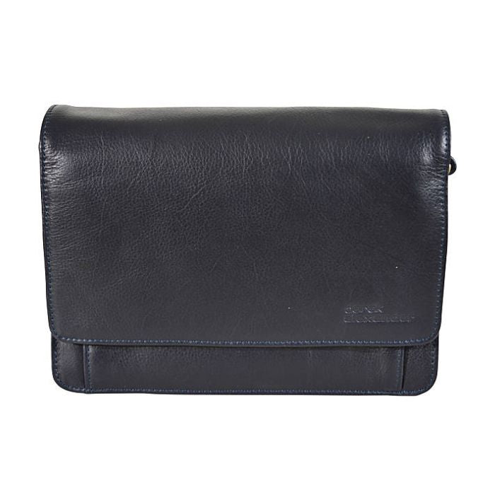 3/4 flap organizer bag in navy. A dark blue leather bag with a flap closure and an adjustable shoulder strap.