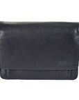 3/4 flap organizer bag in navy. A dark blue leather bag with a flap closure and an adjustable shoulder strap.