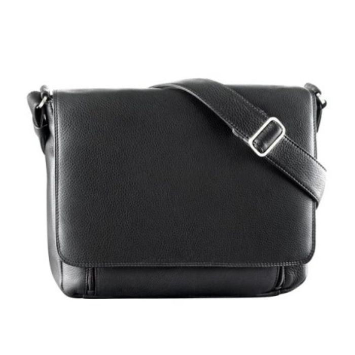 Black leather handbag with a flap closure and adjustable shoulder strap, fitted with silver hardware.