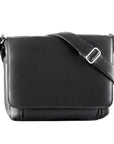 Black leather handbag with a flap closure and adjustable shoulder strap, fitted with silver hardware.