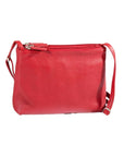 3 top zip cross body bag in red. A rectangular, red crinkled leather purse with 3 zippered compartments and an adjustable strap, fitted with silver hardware.