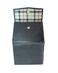 Interior view of Derek Alexander tri-fold wallet with plaid lining and snap button, ideal for organizing cards and bills.